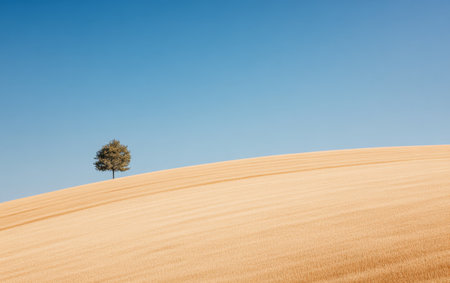 A solitary green tree stands proudly on a gently rolling wheat field, illuminated by the bright sun under a clear blue sky. The tranquil landscape radiates calmness and peace.の素材