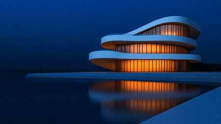 A striking modern building is set against a darkening sky at dusk, featuring elegant curved lines and glowing windows reflecting on the tranquil water below.の素材