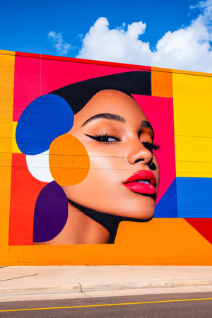A striking mural features a woman's face with bold colors and geometric shapes, illuminated by bright sunlight. This public art piece adds vibrancy to the urban landscape, captivating passersby.の素材