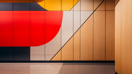 A striking wall features a blend of bright colors and geometric designs, showcasing a modern aesthetic in a stylish interior setting. The contrast of textures adds depth to the environment.の素材