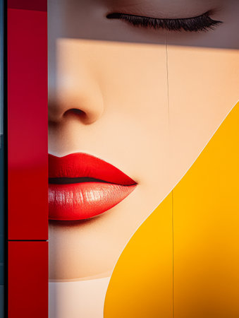 A striking mural showcases a woman's lips in vivid red, complemented by bold yellow hair. The artwork captures the urban atmosphere during the beautiful sunset, creating an impactful visual.の素材