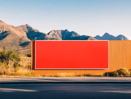 A bold red billboard dominates the foreground, set against striking mountain ranges under a clear blue sky. The quiet landscape emphasizes the stark contrast of the structure.の素材