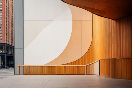 A contemporary architecture showcases a blend of smooth curves and wooden textures. The design highlights the interplay of light and shadow against a backdrop of sleek white surfaces.の素材