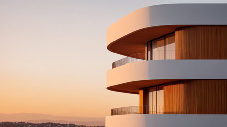 A striking modern building features smooth curves and wooden accents, showcasing expansive glass windows.の素材