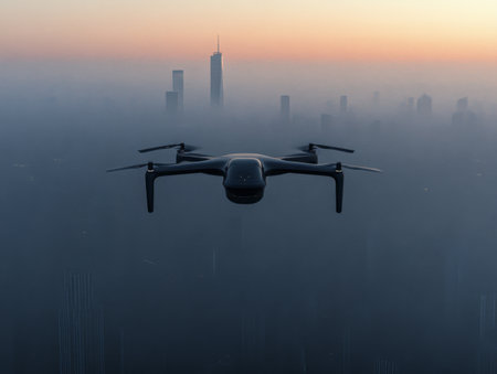 A sleek drone flies gracefully amidst a fog-shrouded city skyline just before sunrise, showcasing urban architecture in the early morning light.の素材