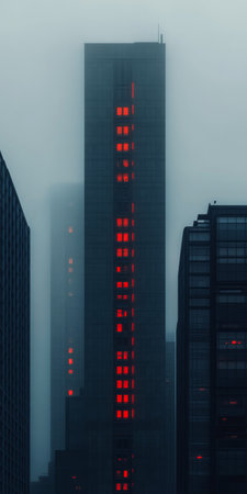 A tall, modern skyscraper stands shrouded in mist with glowing red windows, contrasting against the foggy urban landscape during twilight, creating an eerie yet captivating atmosphere.の素材