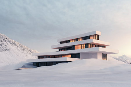 A sleek, contemporary building stands prominently in a vast snowy landscape, surrounded by mountains. The structure features multiple stacked levels with large windows reflecting the soft dusk light.の素材