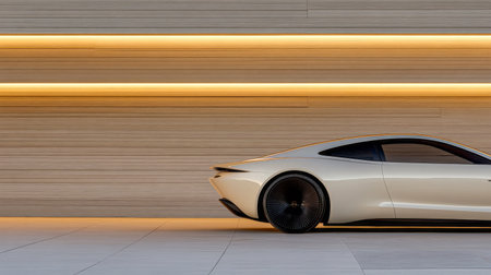 A luxury vehicle is parked beside a contemporary wooden wall illuminated by soft lighting, highlighting its sleek design. The scene exudes modern elegance and sophistication.の素材