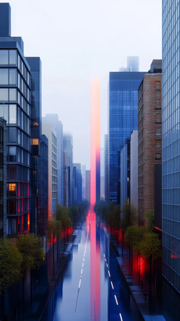 A tranquil city street at twilight features illuminated reflections in a serene waterway, flanked by sleek skyscrapers. The scene captures a beautiful blend of urban architecture and calming water.の素材