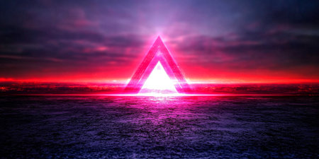 A luminous triangular shape emits radiant light, creating a captivating contrast against a cosmic landscape. The sky is filled with deep hues, suggesting an otherworldly setting.の素材