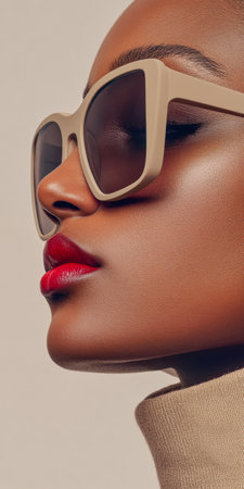 A model poses elegantly, highlighting oversized sunglasses and striking red lipstick, creating a chic look against a soft, neutral backdrop. The focus is on her facial features and accessories.の素材