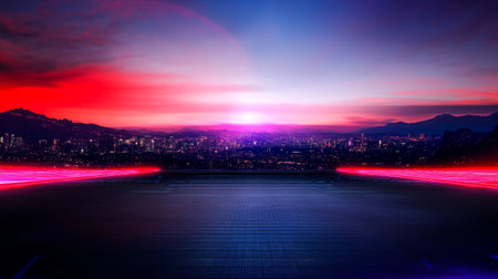 A stunning sunset casts colorful hues over a bustling city. Neon lights illuminate a rooftop terrace, creating a vibrant atmosphere as day transitions to night in a lively urban landscape.の素材