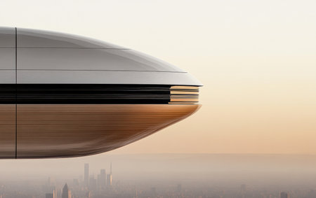 A sleek, modern hovercraft hovers gracefully above a sprawling city skyline during a vibrant sunset, showcasing innovative design and advanced technology in an urban environment.の素材