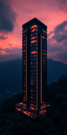 A tall, modern skyscraper stands prominently in a mountainous area, illuminated by warm lights as a vibrant sunset casts beautiful colors in the sky, creating a stunning backdrop.の素材