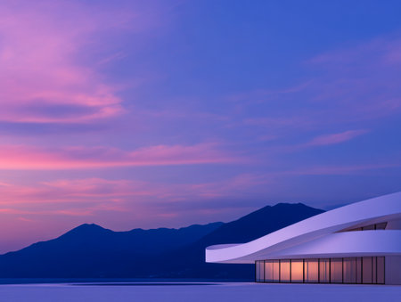 A sleek, contemporary structure stands prominently under a stunning twilight sky, surrounded by mountains. The tranquil atmosphere captures the beauty of nature and design at dusk.の素材