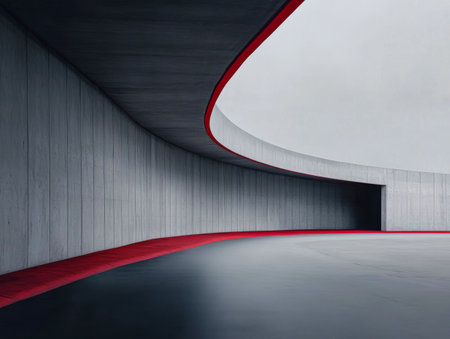 A contemporary interior features smooth, curved lines with a striking red accent. The minimalist design emphasizes the interplay between light and shadow in a spacious environment.の素材