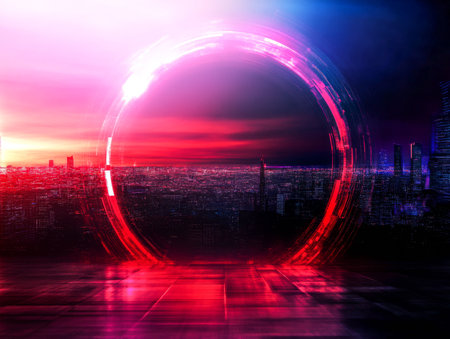 A vibrant portal projects glowing hues of pink and purple, set against a sprawling urban skyline at twilight. The sky transitions from daylight to night, creating a captivating backdrop.の素材