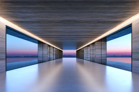 A sleek corridor features large glass walls revealing a breathtaking view of calm water at dawn. The soft morning light reflects off a smooth surface, creating a peaceful atmosphere.の素材
