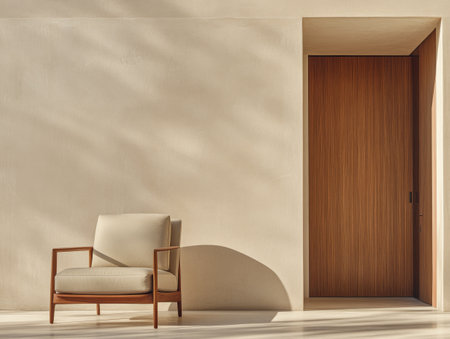 A spacious interior highlights a stylish, light-colored chair positioned against a smooth beige wall, complemented by a warm wooden door.の素材
