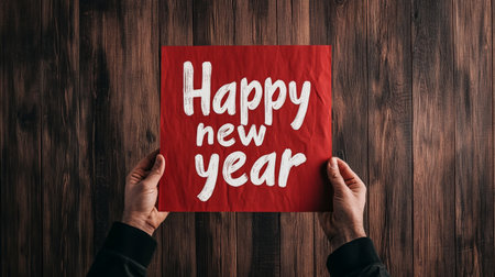 A person is displaying a bright red sign with the words Happy New Year written in white against a rustic wooden backdrop. The celebration spirit is evident in the vibrant colors.の素材