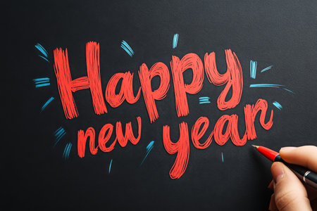 A hand is drawing vibrant Happy New Year lettering in red chalk on a blackboard, surrounded by blue accents, symbolizing New Year's festivities and joyful beginnings.の素材