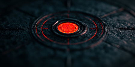 The glowing red circular element stands out against a dark, textured background, creating an intriguing visual contrast in a shadowy setting. The design suggests mystery and depth.の素材