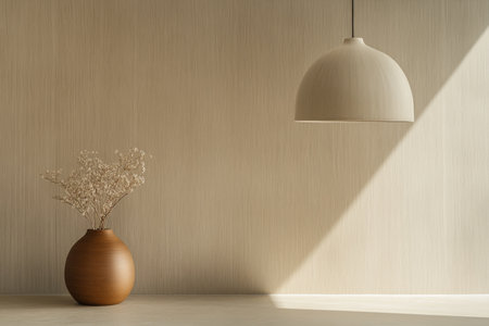 A serene minimalist space showcases a neutral wall with natural texture, adorned with a brown vase containing delicate dried flowers and a softly glowing pendant light overhead.の素材