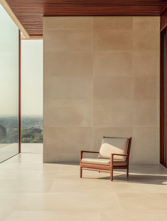 A minimalist chair brightens a spacious terrace with floor-to-ceiling windows, providing a panoramic view of the outdoors. The setting invites relaxation in a serene, light-filled environment.の素材