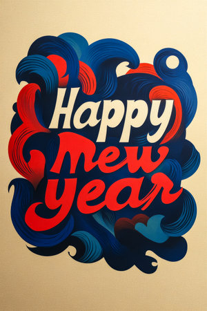 A creative design featuring the words Happy New Year in bold, stylish lettering surrounded by colorful, swirling patterns. The artwork captures the festive spirit of the holiday season.の素材