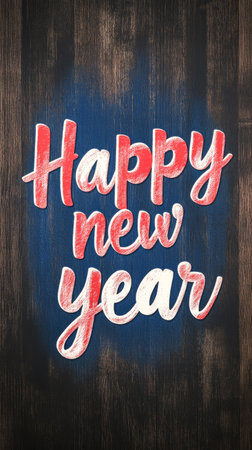The vibrant text wishing a happy new year stands out against a rustic wooden backdrop, capturing a festive spirit. This design evokes feelings of joy and celebration for the upcoming year.の素材