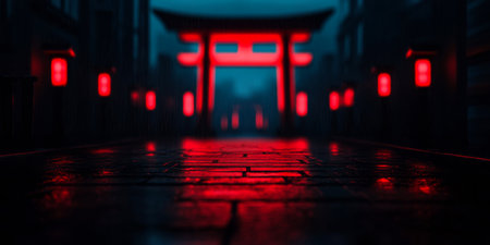 The tranquility of a Japanese alley is highlighted by a striking torii gate illuminated by red lanterns. The cobblestone path reflects the warm light, creating a peaceful atmosphere at dusk.の素材