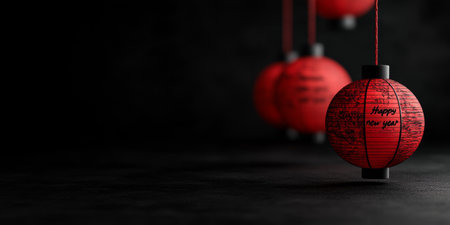 Vibrant red lanterns dangle from above, each adorned with festive writing, creating a warm ambiance for New Year celebrations in a dimly lit setting.の素材