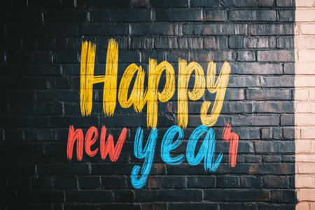 The vibrant and festive words Happy New Year are artistically painted on a textured brick wall, showcasing a cheerful new year celebration in an urban environment.の素材