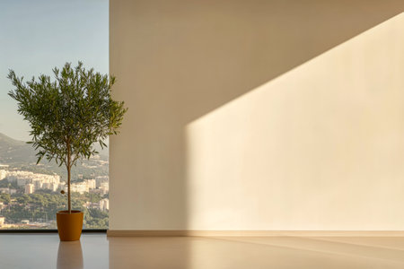 A single olive tree stands in a terracotta pot, positioned in a bright, minimalist room. Sunlight casts a long shadow on the neutral wall, highlighting the serene atmosphere.の素材
