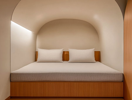 A stylish and cozy bedroom nook showcases a clean, minimalist design with a comfortable mattress and two decorative cushions, perfect for relaxation or reading.の素材