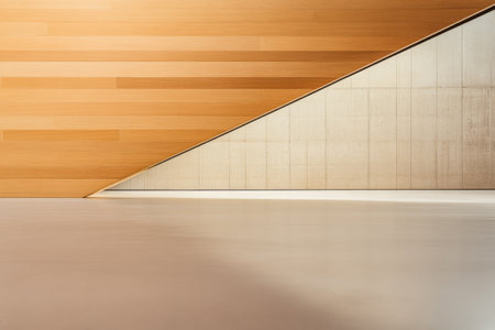 The composition highlights a seamless blend of warm wooden panels and cool concrete, creating a modern aesthetic. The contrasting textures and colors evoke a serene, minimalist environment.の素材
