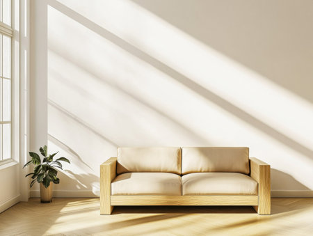 A modern wooden sofa with cream cushions is positioned in a bright living room, where sunlight casts long shadows on the floor, enhancing the minimalist decor and creating a serene atmosphere.の素材