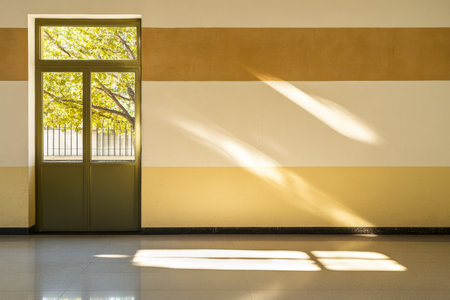 Soft rays of sunlight illuminate a spacious interior, highlighting a green door and striped walls, creating a warm atmosphere during the daytime.の素材