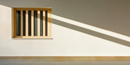 A wooden window with vertical slats is set in a minimalist wall, casting long shadows across the smooth surface as sunlight streams in during the day.の素材