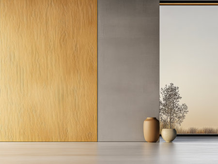 An elegant interior showcases a textured wooden wall and smooth concrete. Two minimalist vases are placed near a large window, revealing a tranquil outdoor scene during twilight.の素材