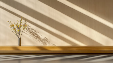 A simple vase holds delicate branches, casting intricate shadows on a wall illuminated by natural light. The serene atmosphere emphasizes minimalism and tranquility.の素材