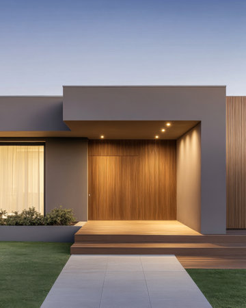 A beautifully designed modern house showcases wooden features and a welcoming entrance at dusk, surrounded by lush greenery in a peaceful neighborhood.の素材