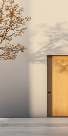 A wooden door is set against a cream-colored wall, casting shadows from a nearby tree as natural light illuminates the scene, creating a serene and modern atmosphere.の素材