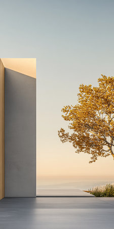 A serene outdoor space features a striking modern structure and a vibrant golden tree against a soft sunset backdrop, creating a perfect harmony of nature and design near the water.の素材