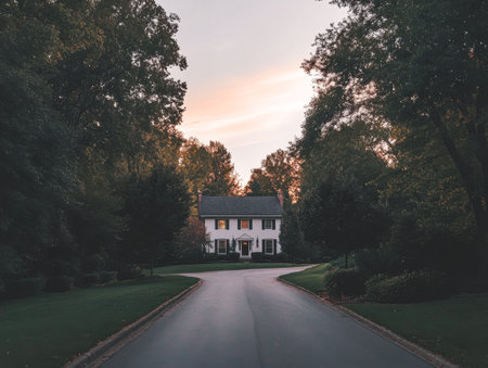 A welcoming suburban residence stands at twilight, framed by trees and greenery, creating a serene atmosphere. The soft glow from the windows hints at warmth inside.の素材