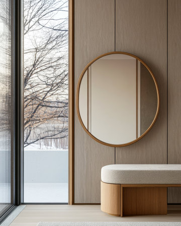 A stylish nest of minimalism showcases a round mirror above a soft bench, complemented by natural light pouring in through large windows, revealing a tranquil winter landscape outside.の素材