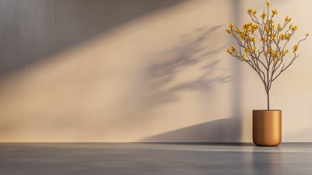 A stylish vase holds delicate, blooming branches, casting soft shadows on a light-colored wall. The serene atmosphere emphasizes simplicity and elegance in the interior space.の素材
