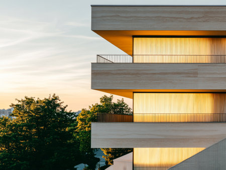 A modern building features large illuminated windows, showcasing a warm glow at sunset, surrounded by lush green trees in an urban environment. The sleek design highlights contemporary architecture.の素材