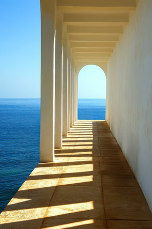 A bright corridor with white walls and a stunning view of the ocean invites visitors to enjoy the seaside. The sunlight creates beautiful shadows on the floor, enhancing the tranquil atmosphere.の素材