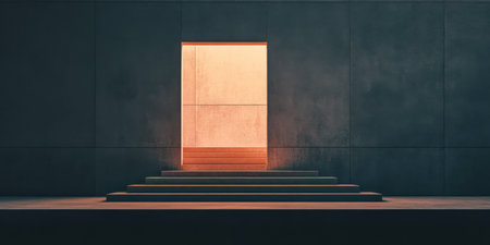 An illuminated doorway on a stone platform draws attention in a minimalist setting during dusk, creating a sense of mystery and tranquility. The warm light contrasts with the cool stone walls.の素材